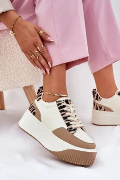 Sneakersy Damskie Na Masywnej Platformie Zebra Beżowe Tamorniel