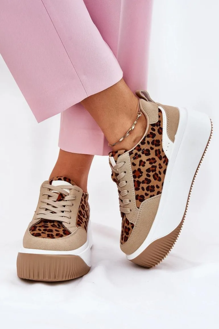 Sneakersy Damskie Na Masywnej Platformie Panterka Beżowe Tamorniel