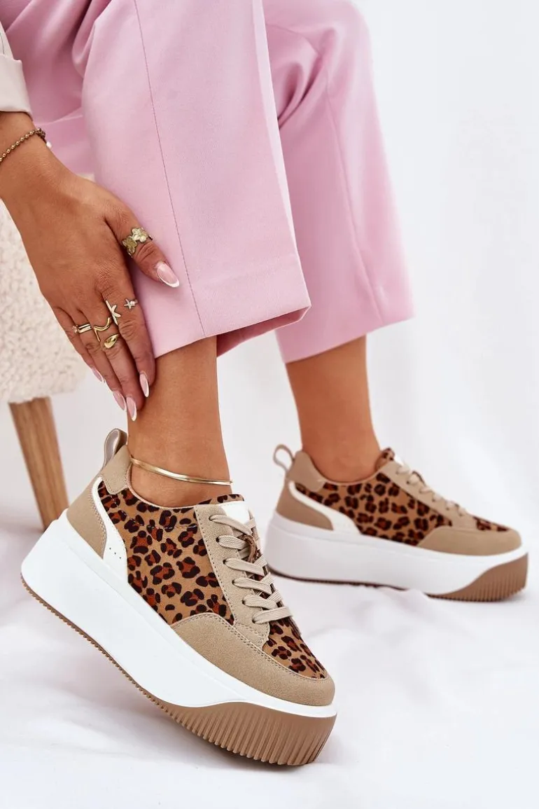 Sneakersy Damskie Na Masywnej Platformie Panterka Beżowe Tamorniel