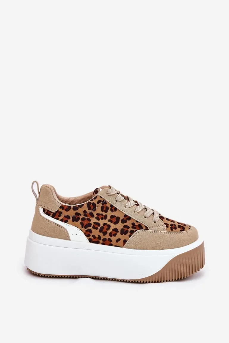 Sneakersy Damskie Na Masywnej Platformie Panterka Beżowe Tamorniel