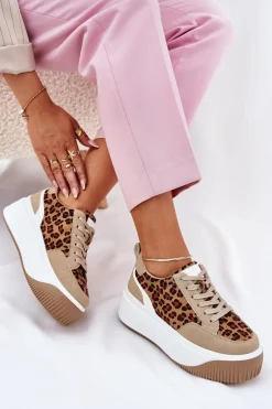 Sneakersy Damskie Na Masywnej Platformie Panterka Beżowe Tamorniel