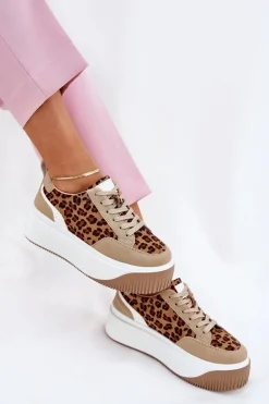 Sneakersy Damskie Na Masywnej Platformie Panterka Beżowe Tamorniel