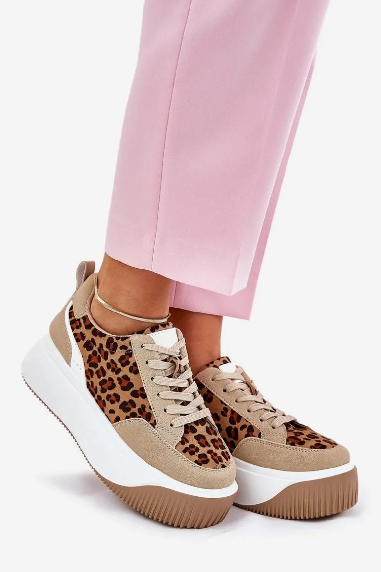 Sneakersy Damskie Na Masywnej Platformie Panterka Beżowe Tamorniel
