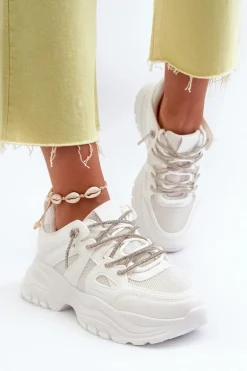 Sneakersy Damskie Na Masywnej Podeszwie Z Ozdobnym Sznurowaniem Białe Relissa