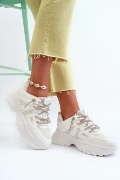 Sneakersy Damskie Na Masywnej Podeszwie Z Ozdobnym Sznurowaniem Białe Relissa