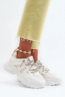 Sneakersy Damskie Na Masywnej Podeszwie Z Ozdobnym Sznurowaniem Białe Relissa