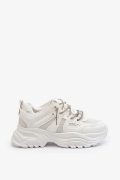 Sneakersy Damskie Na Masywnej Podeszwie Z Ozdobnym Sznurowaniem Białe Relissa