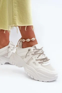 Sneakersy Damskie Na Masywnej Podeszwie Z Ozdobnym Sznurowaniem Białe Relissa