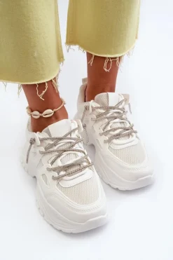 Sneakersy Damskie Na Masywnej Podeszwie Z Ozdobnym Sznurowaniem Białe Relissa