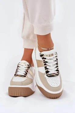 Sneakersy Damskie Na Masywnej Platformie Zwierzęcy Wzór Beżowo-Złote Telanila