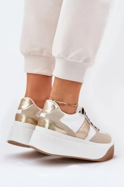 Sneakersy Damskie Na Masywnej Platformie Zwierzęcy Wzór Beżowo-Złote Telanila