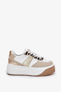 Sneakersy Damskie Na Masywnej Platformie Zwierzęcy Wzór Beżowo-Złote Telanila