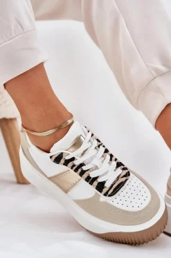 Sneakersy Damskie Na Masywnej Platformie Zwierzęcy Wzór Beżowo-Złote Telanila