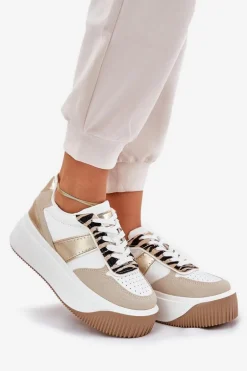 Sneakersy Damskie Na Masywnej Platformie Zwierzęcy Wzór Beżowo-Złote Telanila