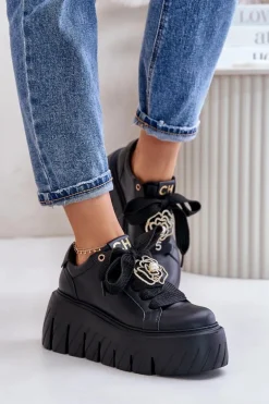 Sneakersy Damskie Na Masywnej Podeszwie Ze Złotą Ozdobą CheBello 4530 Czarne