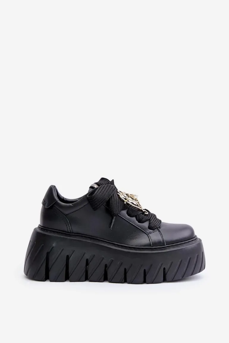 Sneakersy Damskie Na Masywnej Podeszwie Ze Złotą Ozdobą CheBello 4530 Czarne