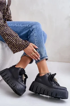 Sneakersy Damskie Na Masywnej Podeszwie Ze Złotą Ozdobą CheBello 4530 Czarne