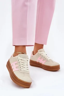Sneakersy Damskie Na Platformie Beżowe Syliyana