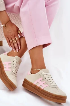 Sneakersy Damskie Na Platformie Beżowe Syliyana