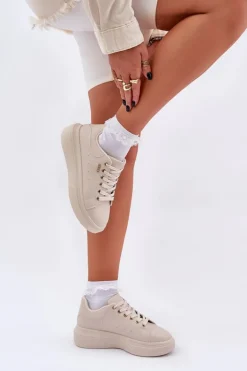 Sneakersy Damskie Na Platformie Eko Skóra Jasnobeżowe Lelandine
