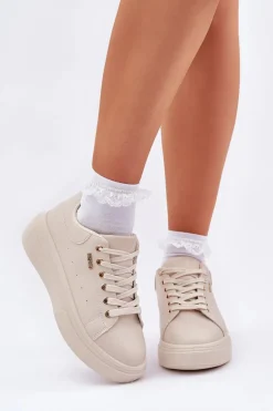 Sneakersy Damskie Na Platformie Eko Skóra Jasnobeżowe Lelandine