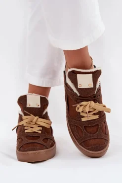 Sneakersy Damskie Na Platformie Ocieplane Futerkiem Brązowe Solvia