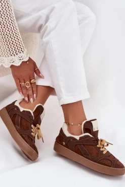 Sneakersy Damskie Na Platformie Ocieplane Futerkiem Brązowe Solvia