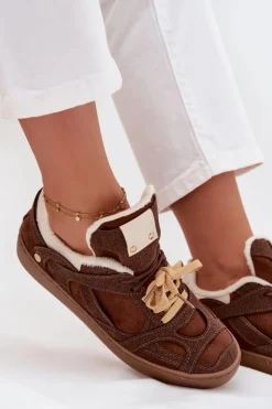 Sneakersy Damskie Na Platformie Ocieplane Futerkiem Brązowe Solvia