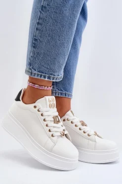 Sneakersy Damskie Na Platformie Z Ozdobami Białe Herbisa