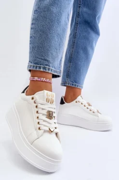 Sneakersy Damskie Na Platformie Z Ozdobami Białe Herbisa