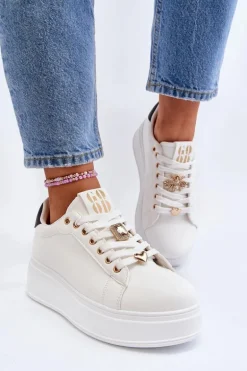 Sneakersy Damskie Na Platformie Z Ozdobami Białe Herbisa
