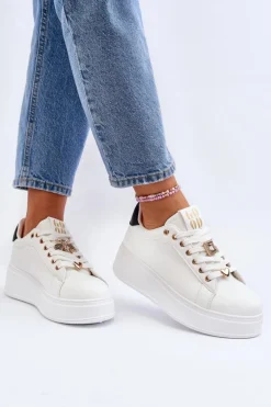 Sneakersy Damskie Na Platformie Z Ozdobami Białe Herbisa
