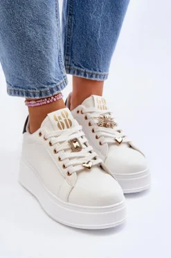 Sneakersy Damskie Na Platformie Z Ozdobami Białe Herbisa