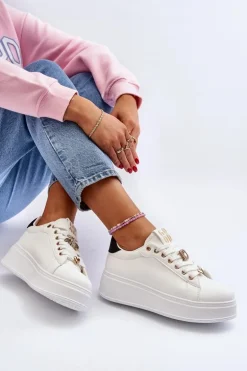 Sneakersy Damskie Na Platformie Z Ozdobami Białe Herbisa