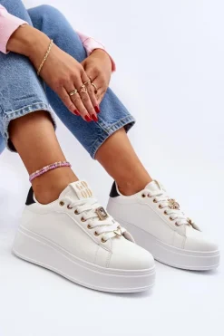 Sneakersy Damskie Na Platformie Z Ozdobami Białe Herbisa