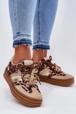 Sneakersy Damskie Na Platformie Z Podwójnym Sznurowaniem Panterka Beżowe Niteria