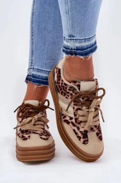 Sneakersy Damskie Na Platformie Z Podwójnym Sznurowaniem Panterka Beżowe Niteria