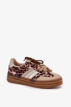 Sneakersy Damskie Na Platformie Z Podwójnym Sznurowaniem Panterka Beżowe Niteria