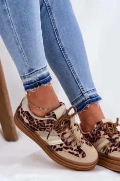 Sneakersy Damskie Na Platformie Z Podwójnym Sznurowaniem Panterka Beżowe Niteria