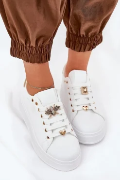 Sneakersy Damskie Na Platformie Z Przypinkami Białe Ilanina
