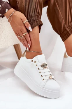 Sneakersy Damskie Na Platformie Z Przypinkami Białe Ilanina