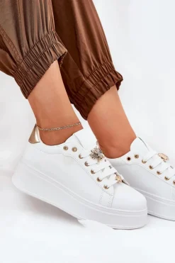 Sneakersy Damskie Na Platformie Z Przypinkami Białe Ilanina