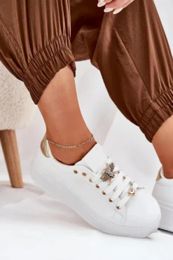 Sneakersy Damskie Na Platformie Z Przypinkami Białe Ilanina