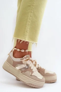 Sneakersy Damskie Na Platformie Z Eko Skóry Beżowe Moun