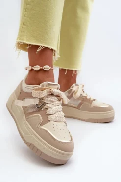 Sneakersy Damskie Na Platformie Z Eko Skóry Beżowe Moun