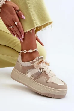 Sneakersy Damskie Na Platformie Z Eko Skóry Beżowe Moun