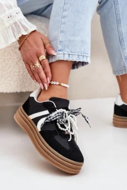 Sneakersy Damskie Na Platformie Z Ozdobami Czarne Vinness