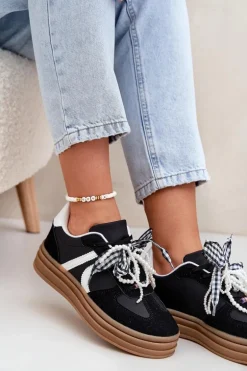 Sneakersy Damskie Na Platformie Z Ozdobami Czarne Vinness