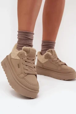 Sneakersy Damskie Na Platformie Z Futerkiem Typu Baranek Big Star SS274105 Beżowe