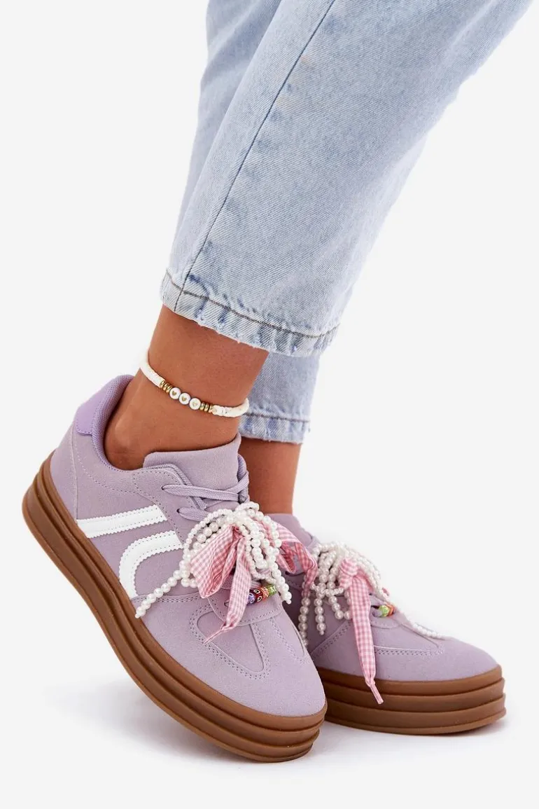 Sneakersy Damskie Na Platformie Z Ozdobami Fioletowe Vinness